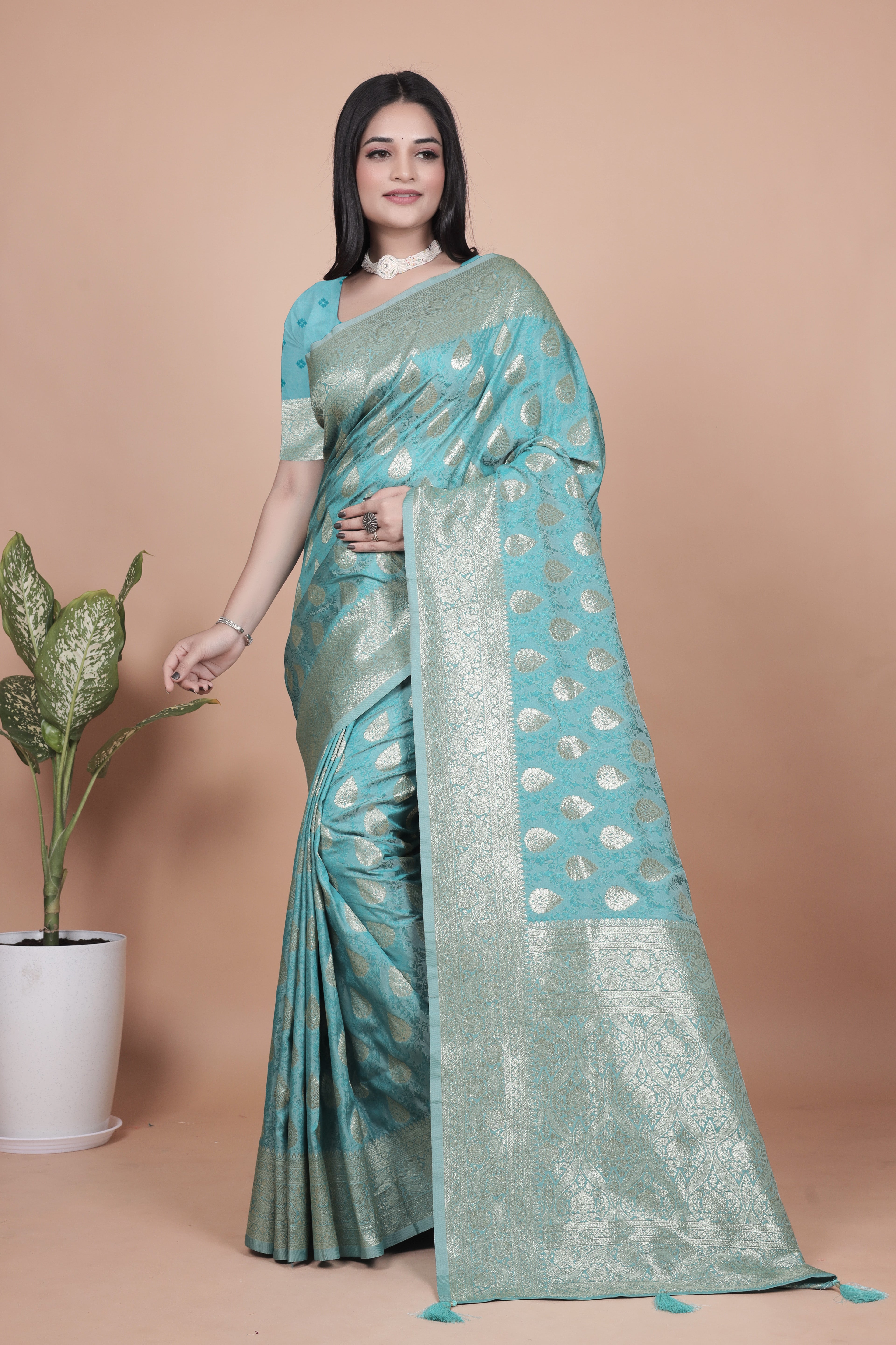 Banarasi Silk Saree with Golden Zari Weaving with 4 color option